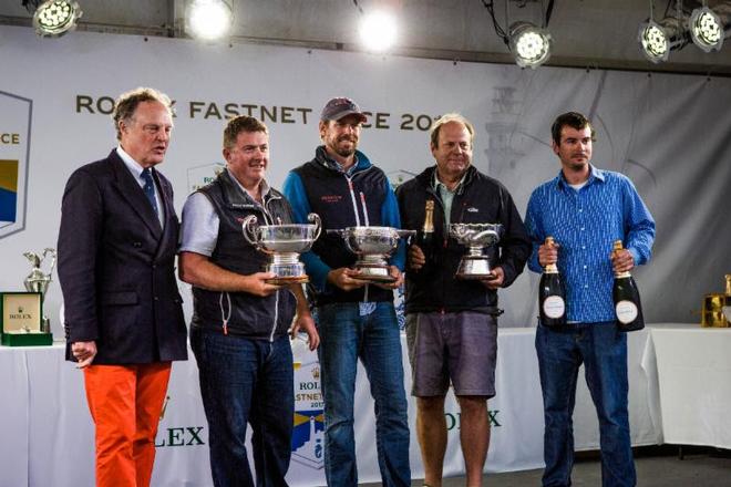 RORC Commodore, Michael Boyd presents American Ron Hanley with trophies for winning IRC Zero with his Cookson 50 Privateer – Rolex Fastnet Race ©  ELWJ Photography / RORC